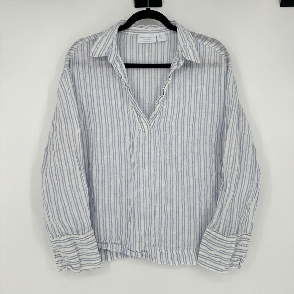 Martha Steward Blue Stripe Long Sleeve Tunic Boxy 100% Linen Coastal Lagenlook L